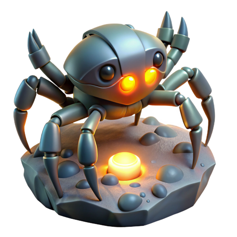 Robotic Crab Exploring Glowing Orb on Rocky Surface png
