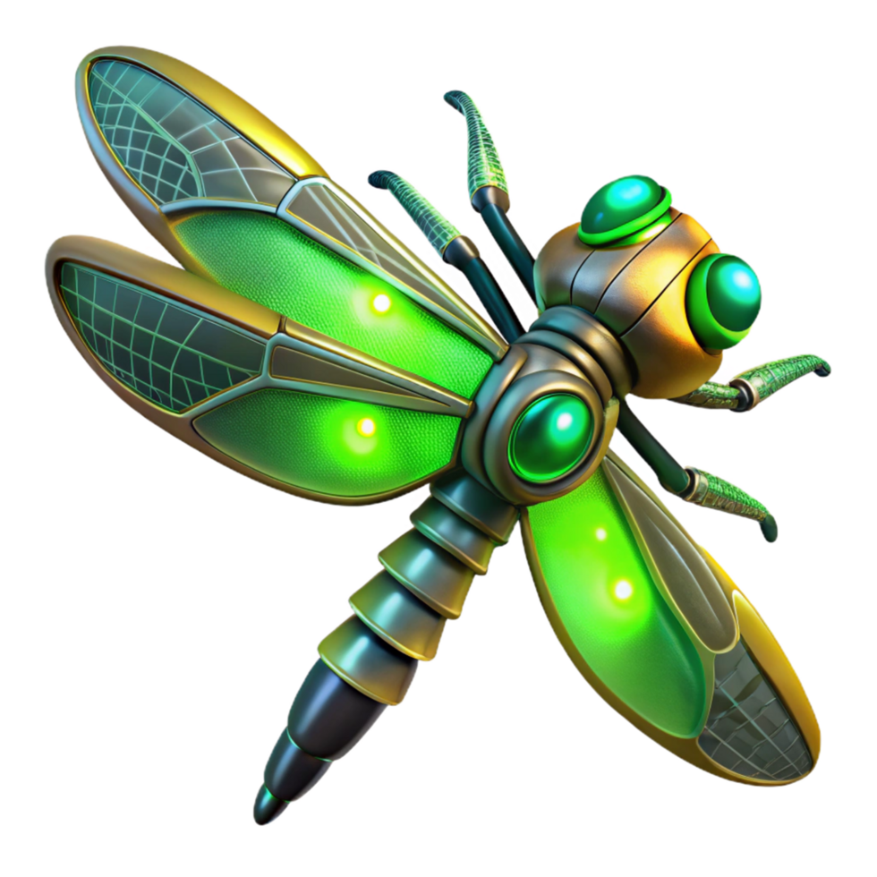 Glowing Green Robotic Dragonfly 3D Render png