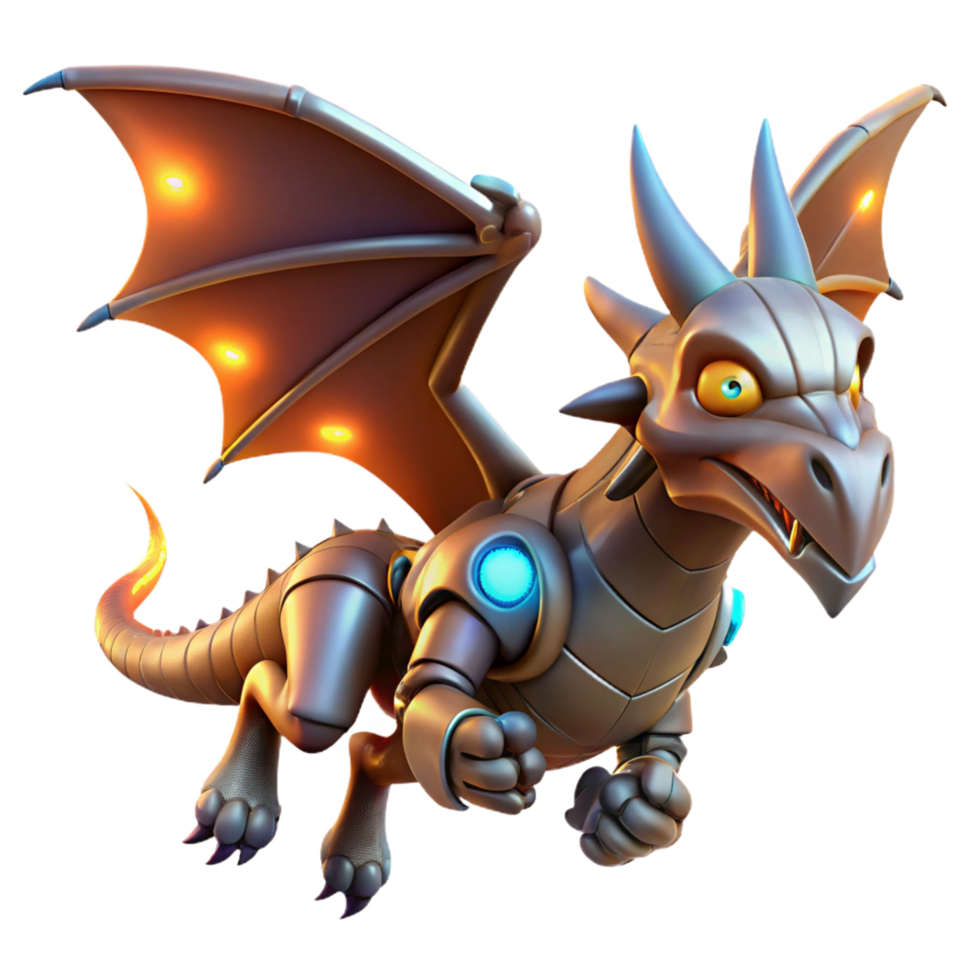 A Futuristic 3D Render of a Mechanical Dragon in Flight, Glowing Lights on Wings, Metallic Dragon Illustration png