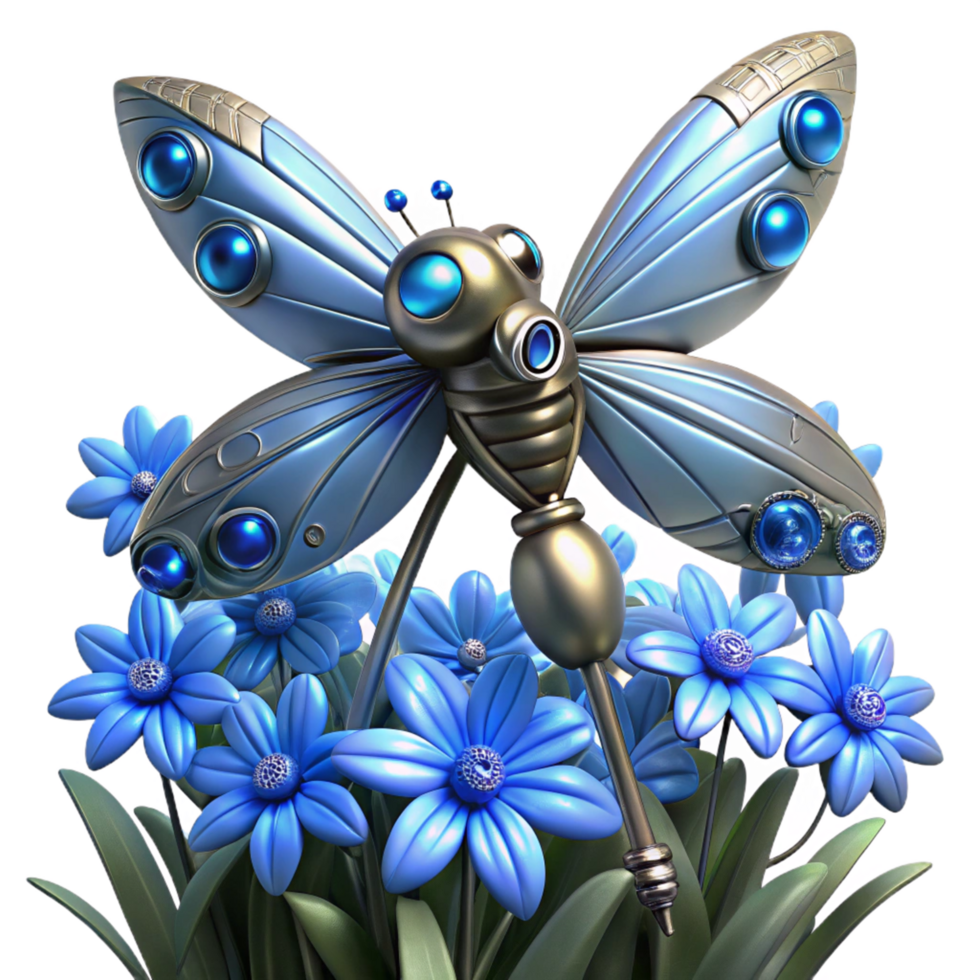 3D Render of a Futuristic Mechanical Dragonfly Amidst Vibrant Blue Flowers png