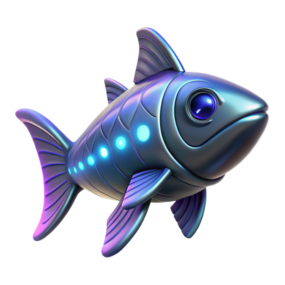 Futuristic 3D Render of a Metallic Fish with Glowing Lights Illustration png