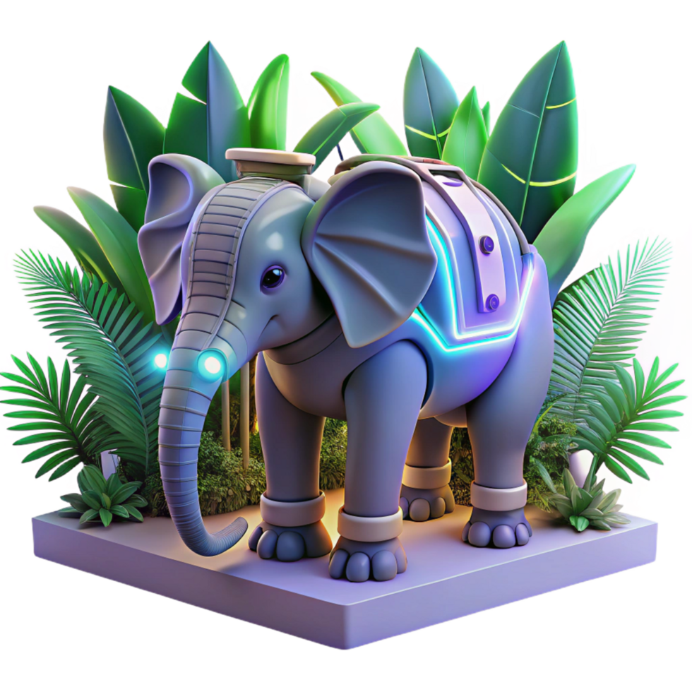 3D Render of Cute Robotic Elephant in Lush Jungle png