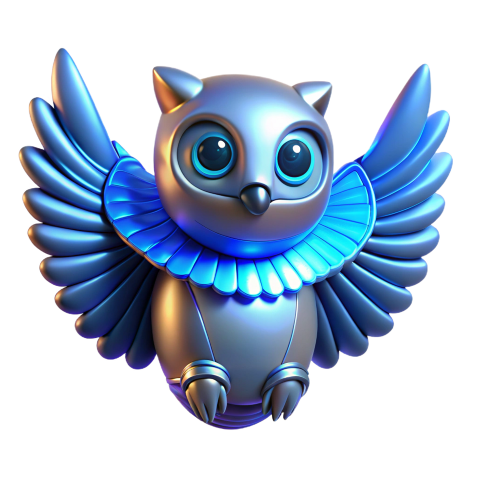 3D Render of a Cute Robotic Owl with Blue Wings and Collar png