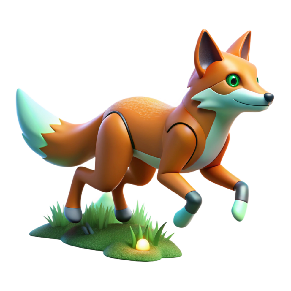 Playful 3D Render of a Leaping Fox Illustration in a Vibrant Green Meadow Setting png