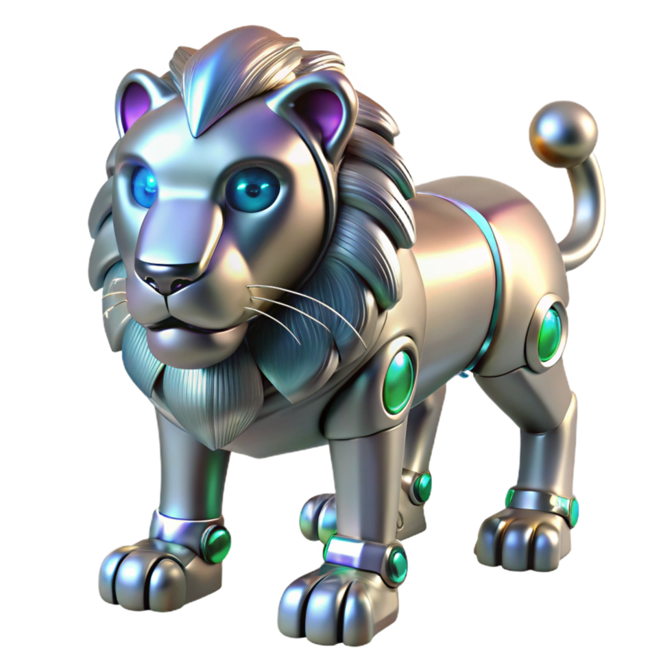 Robotic Lion 3D Render Illustration Majestic Chrome Mechanical Creature Design png