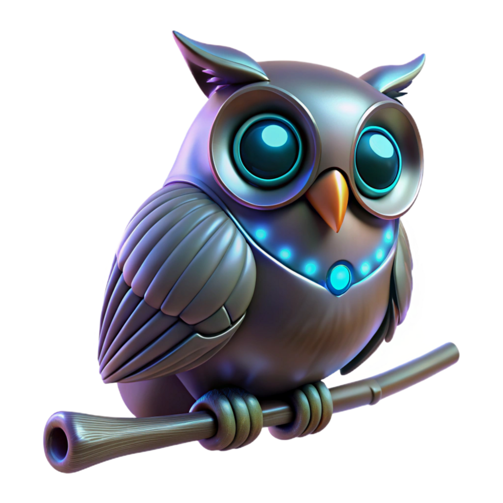 Cybernetic Owl 3D Render A Futuristic Metallic Bird Illustration on Branch png