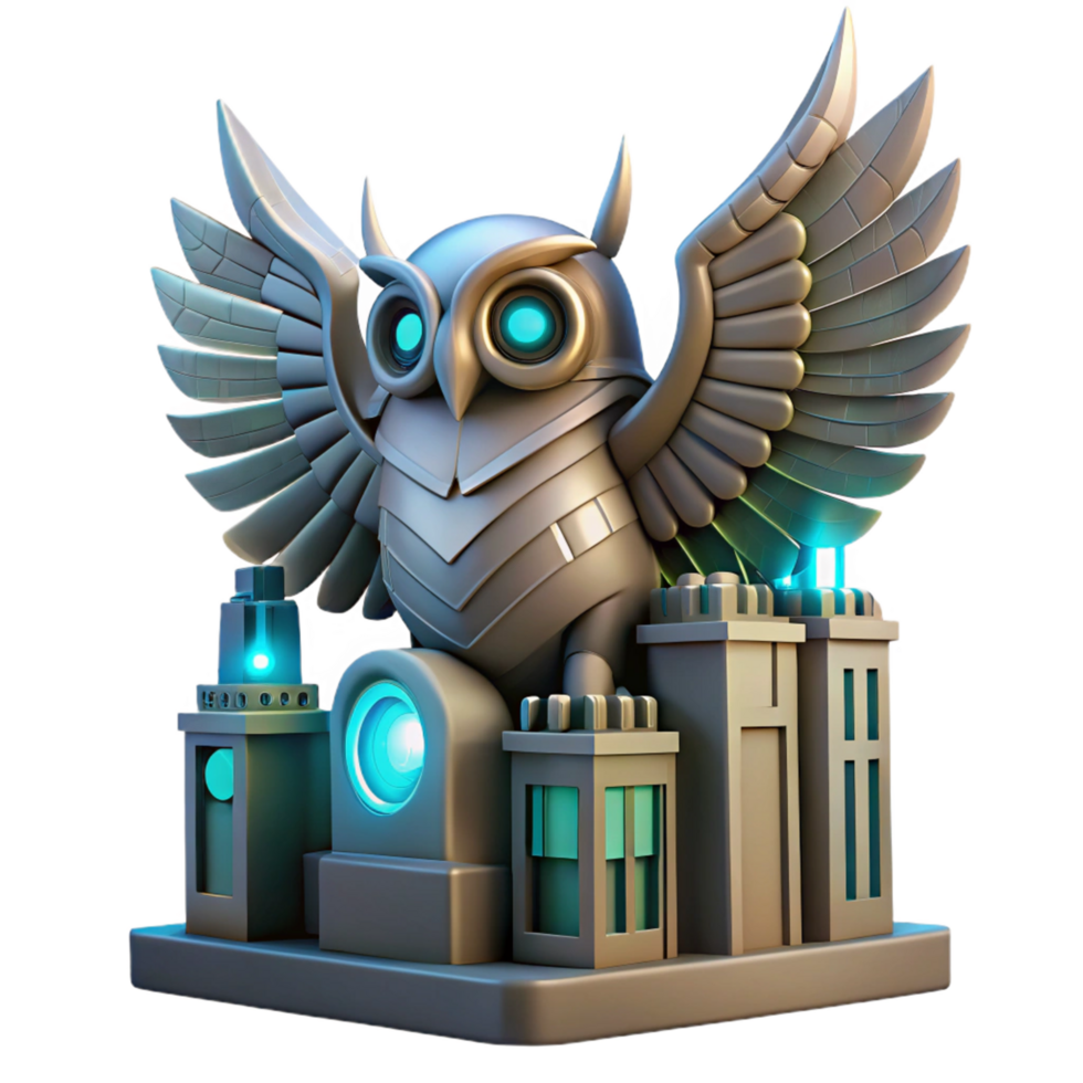 3D Render of a Mechanical Owl Guardian of a Futuristic City png