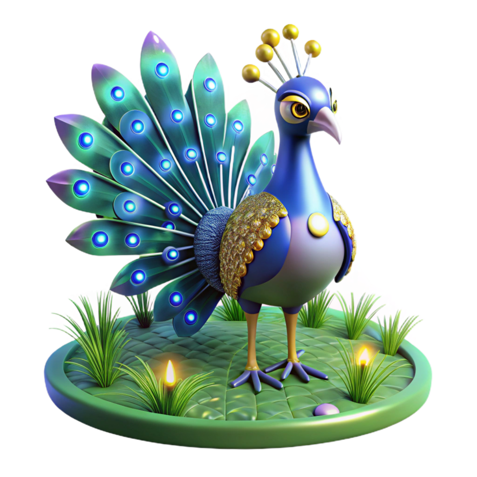 Luminous Peacock 3D Render of a Sparkling Avian Creature in a Serene Garden png