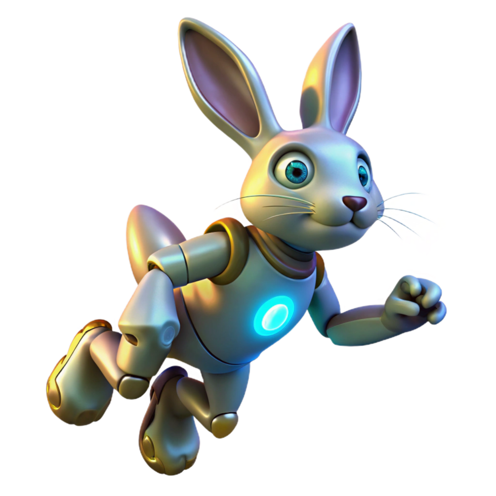 A Futuristic 3D Render of a Robotic Bunny in Motion png