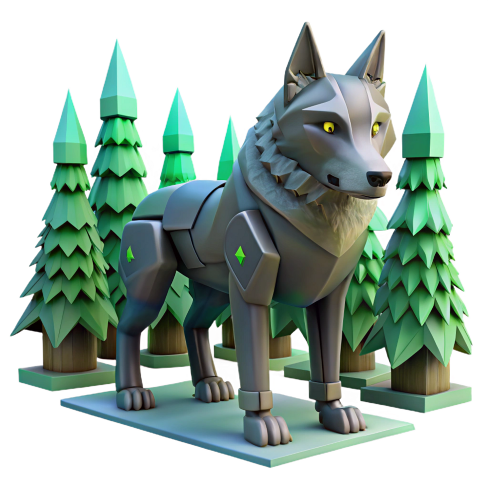 Stylized 3D Render of a Wolf in a Forest Setting Low Poly Wolf Character Illustration png