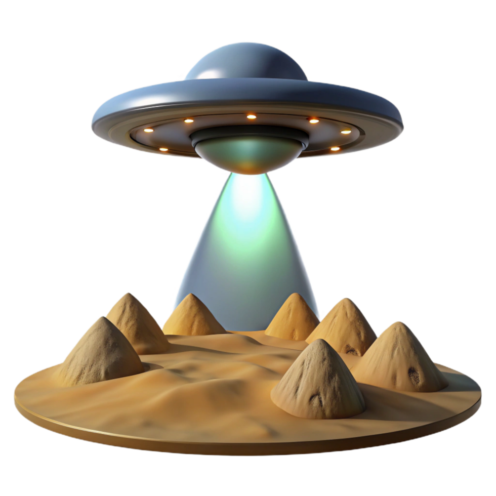 3D Render of UFO over Desert Landscape Stylized Hills and Alien Spaceship Graphic Resource png