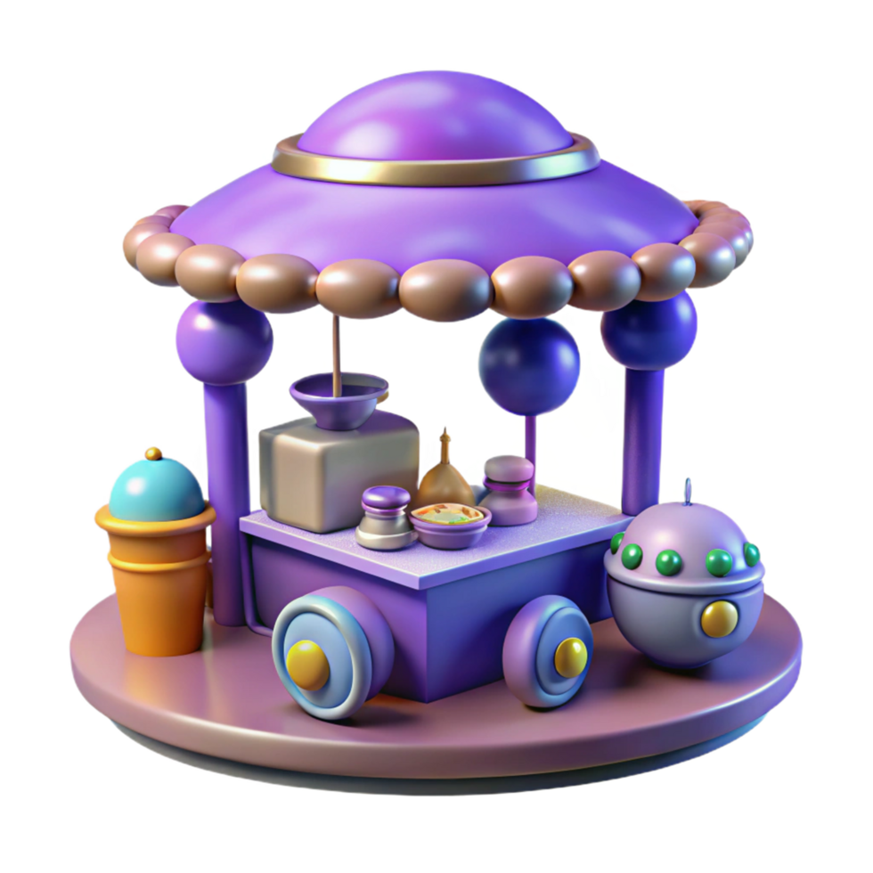 Whimsical 3D Render of a Cartoon Food Cart with UFO Design png