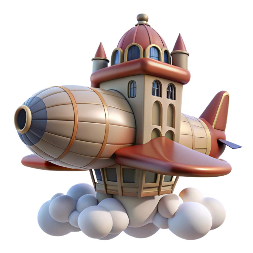 Whimsical 3D Render of a Castle Airship Soaring Above Fluffy Clouds A Fantasy Flight Illustration png
