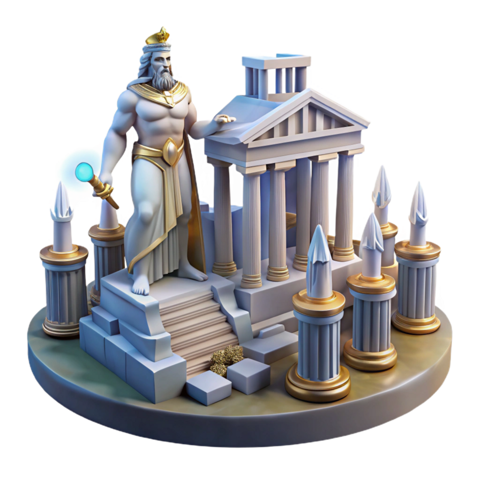 Majestic 3D Render of an Ancient King Statue with Temple and Columns png