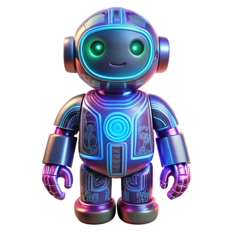 Friendly Robot Illustration Futuristic Metal Design 3D Render Neon Lights Glowing Circuitry png