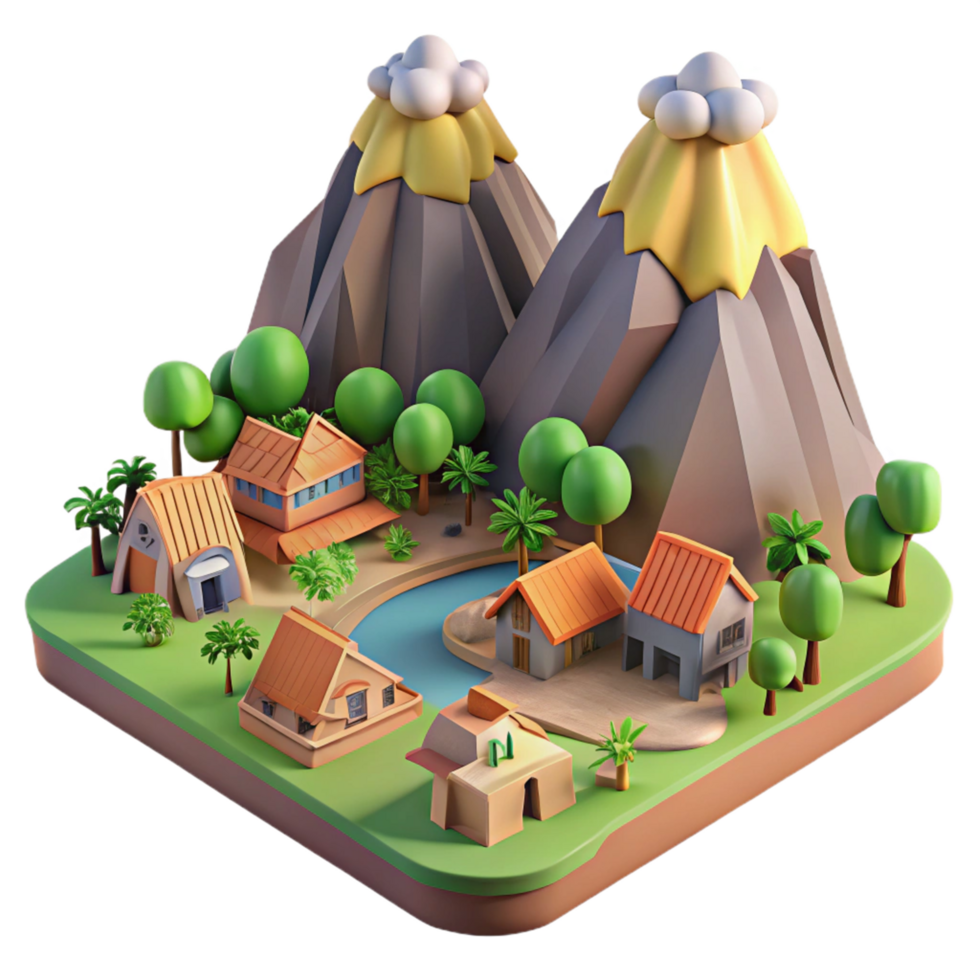 3D Cartoon Village near Volcanoes png