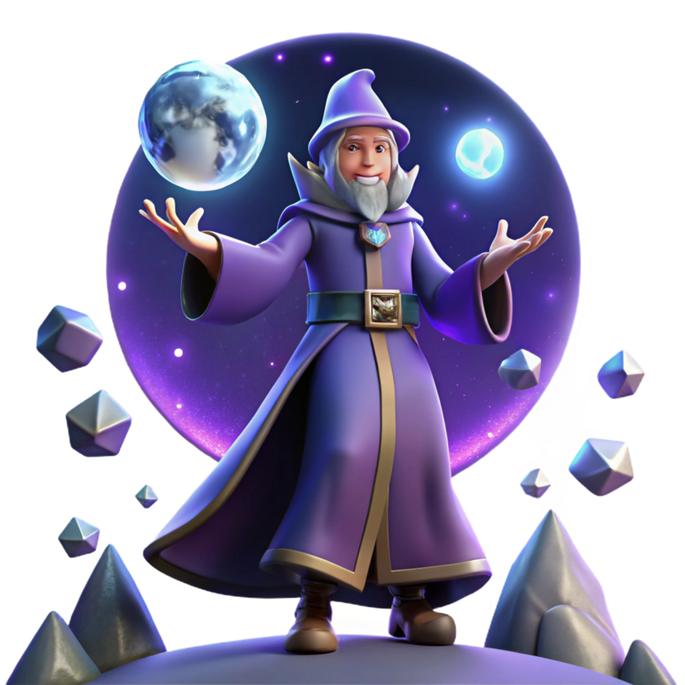 A 3D Illustration of a Wise Wizard Conjuring Crystals and Celestial Globes png