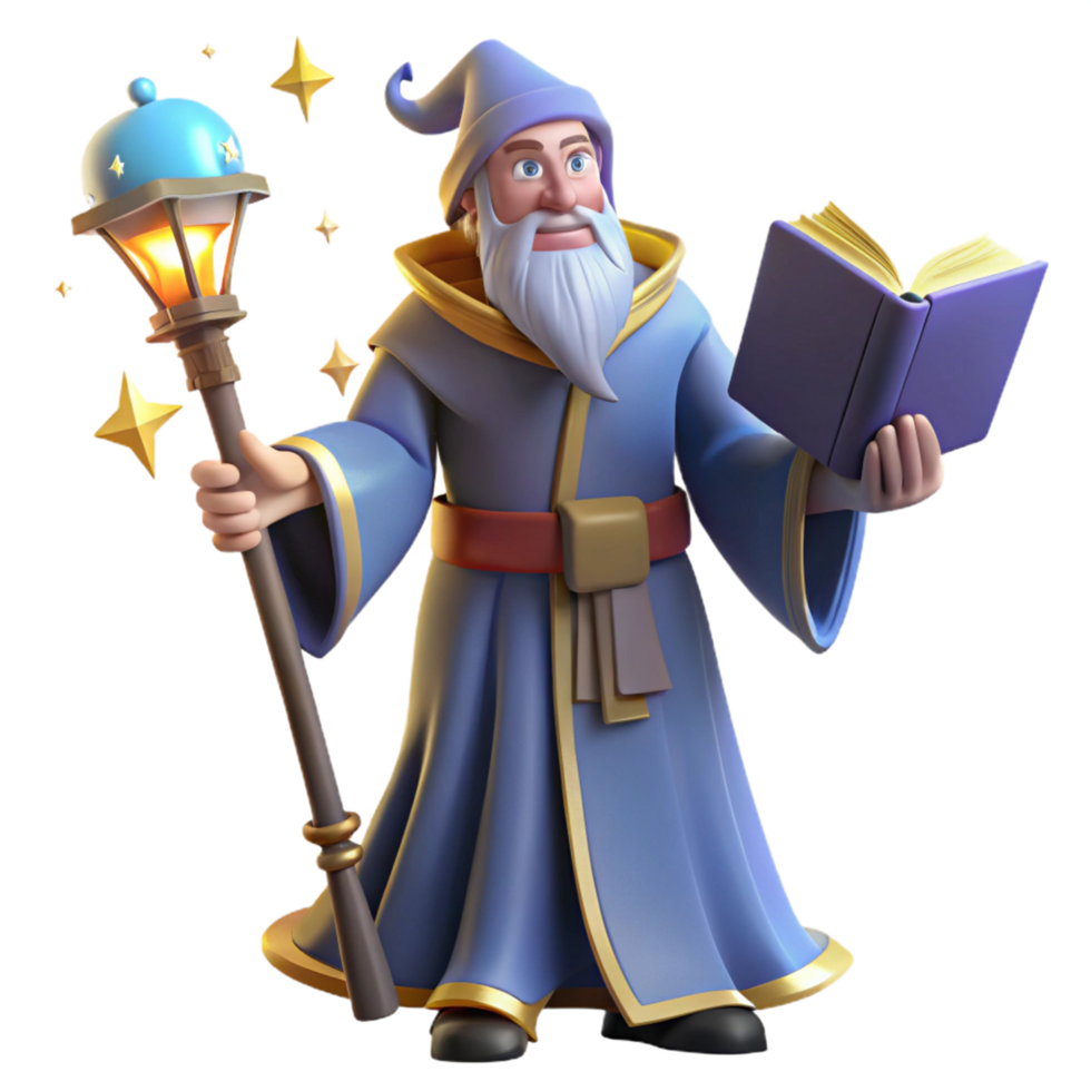 Wise Wizard with Magical Staff and Book of Spells png