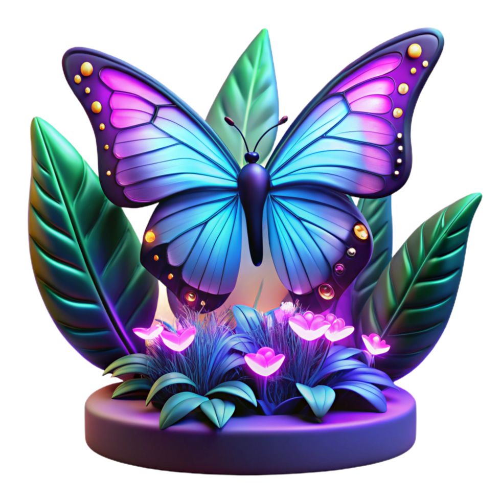 Vibrant 3D Render of a Luminous Butterfly Amidst Glowing Flora png