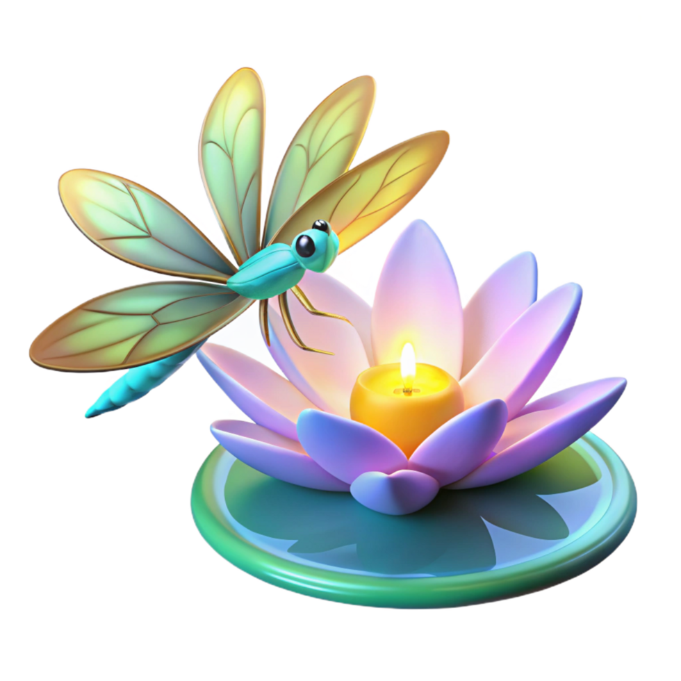 Serene 3D Illustration Dragonfly and Lotus Flower with Candle on Lily Pad png