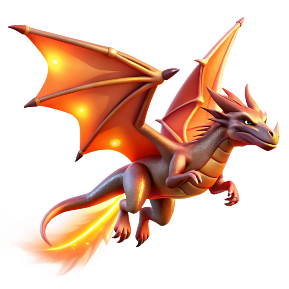 Fiery Flight 3D Render of a Mythical Dragon with Glowing Wings and Tail png