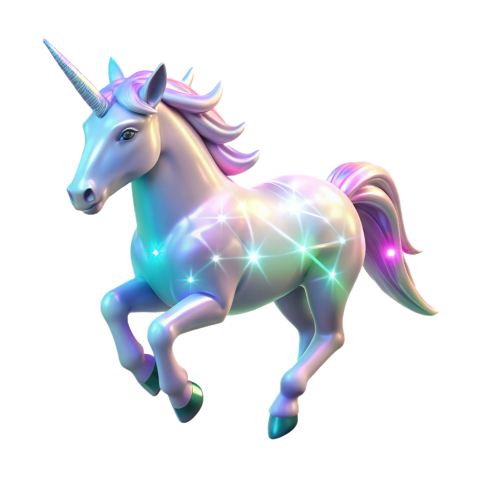 Luminous Unicorn A 3D Render of a Mythical Creature with Iridescent Coat and Sparkling Mane png