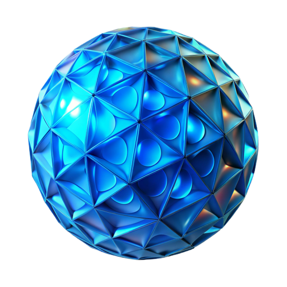 3D Render of a Blue Metallic Sphere with Geometric Triangular Facets and Circular Indents Abstract Background Image png