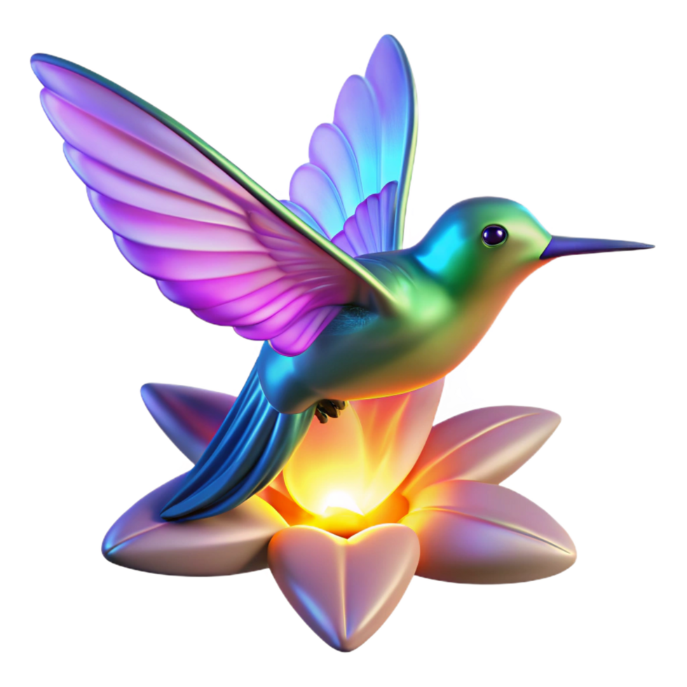Iridescent Hummingbird on Glowing Flower 3D Render png