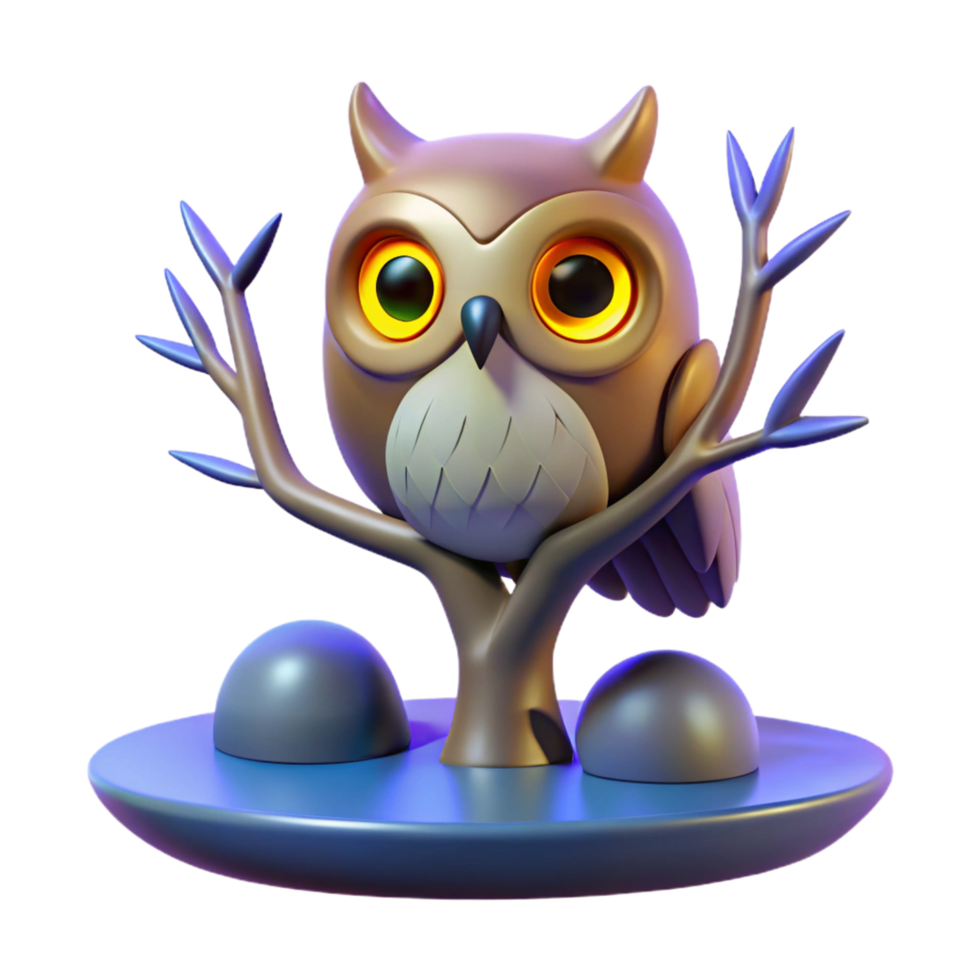 elegant contemporary 3D Render of Cute Cartoon Owl on Tree Stump original png