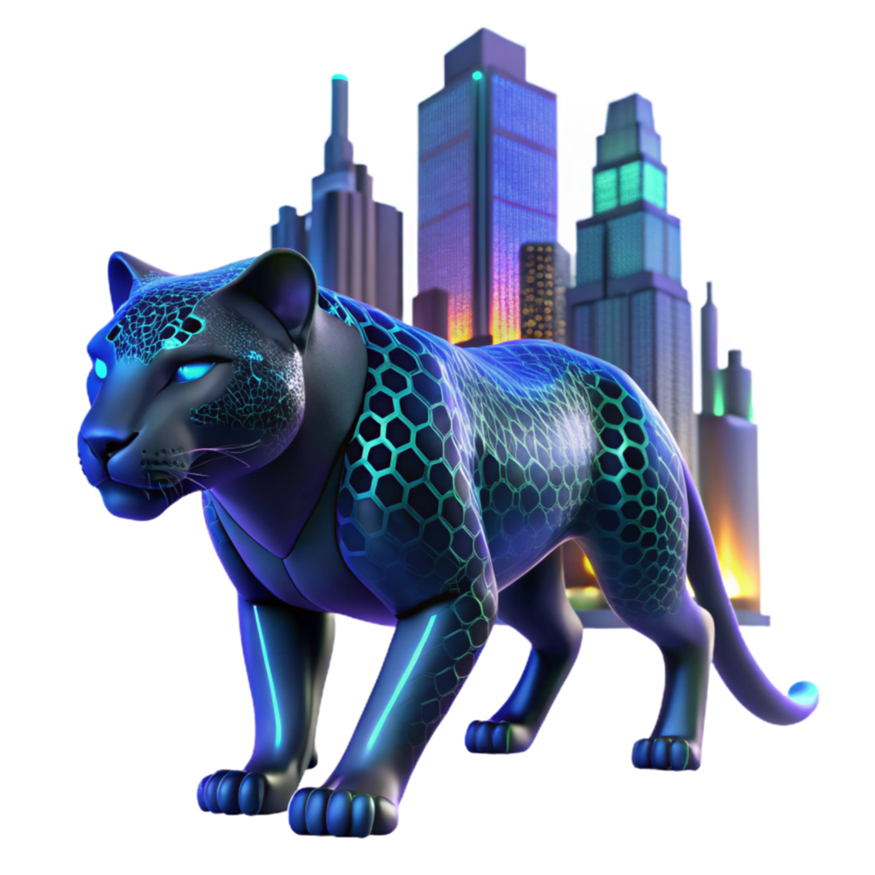 magnificent rustic Cybernetic Panther 3D Render Cityscape Background high quality png