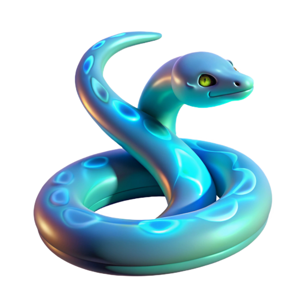 3D Render of a Coiled Blue Snake Illustration, Glowing Neon Circles, Aquatic Theme, Shiny Scales, Cartoon Style Snake, Vibrant Colors, Digital Art, Fantasy Creature, Smooth Surface png
