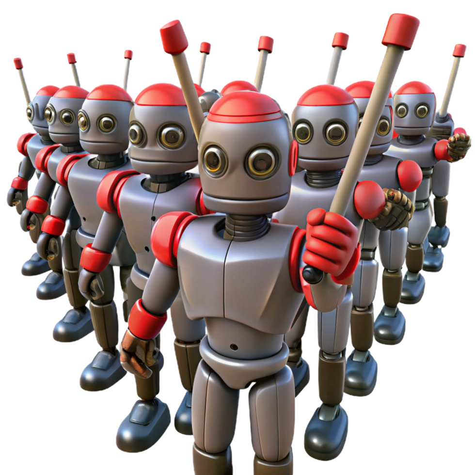 3D Robot Illustration Row of Retro Robots png