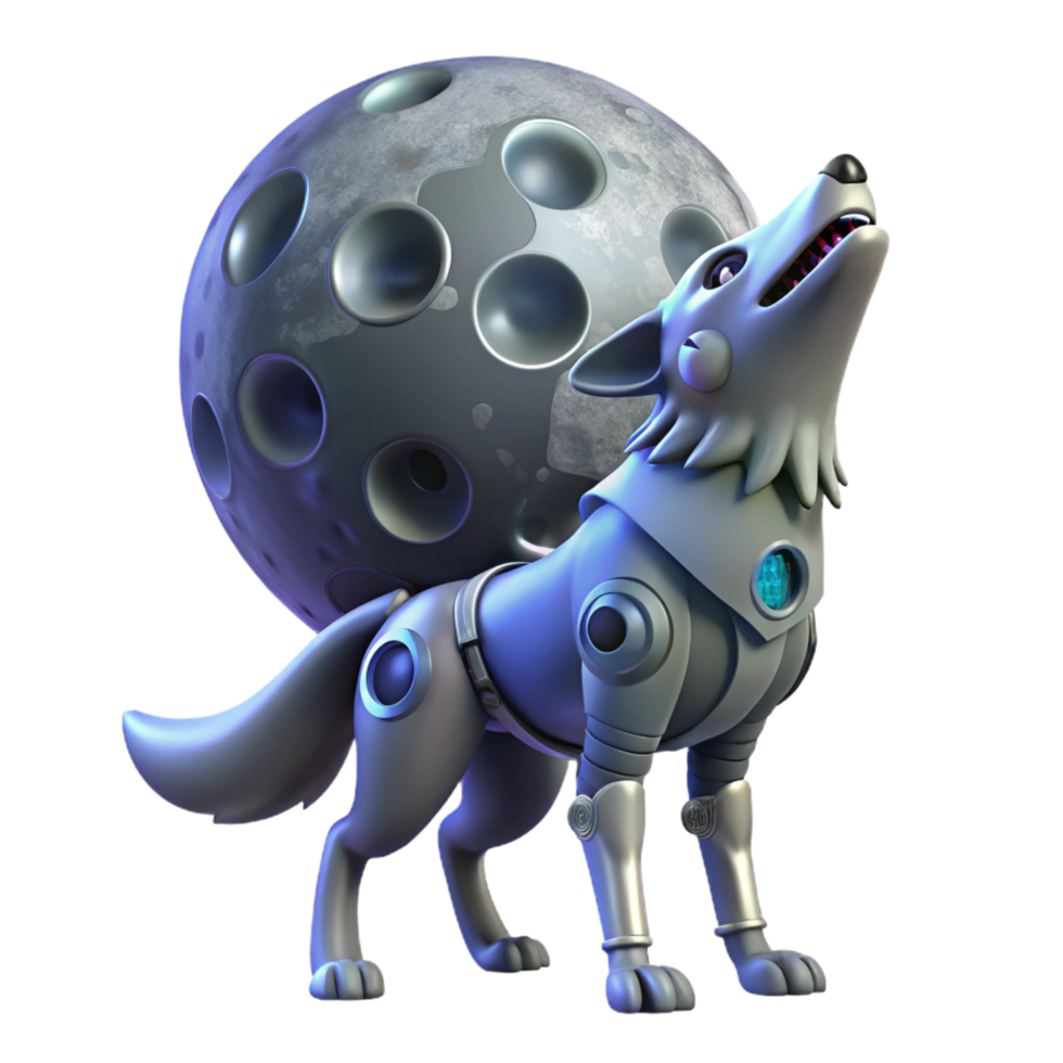 Robotic Wolf Howling at the Moon 3D Render png