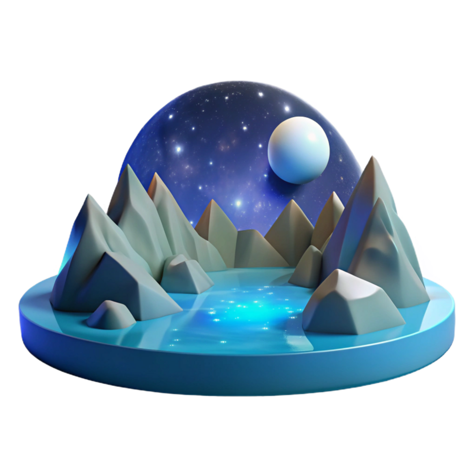 3D Render of a Mystical Mountain Lake Under a Starry Dome png