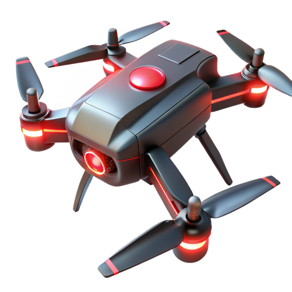 3D Render of a Futuristic Drone with Red Lights Advanced Aerial Technology Illustration png