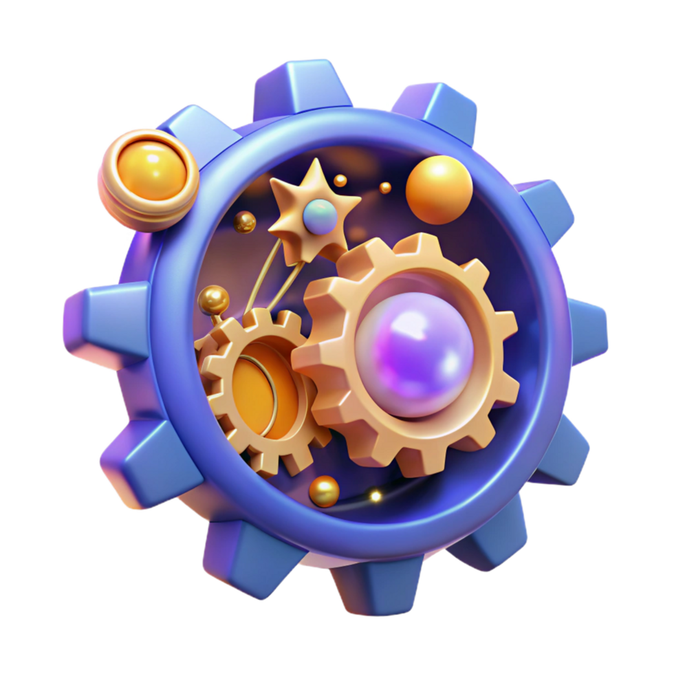 Abstract 3D Render of Interlocking Gears with Celestial Elements png