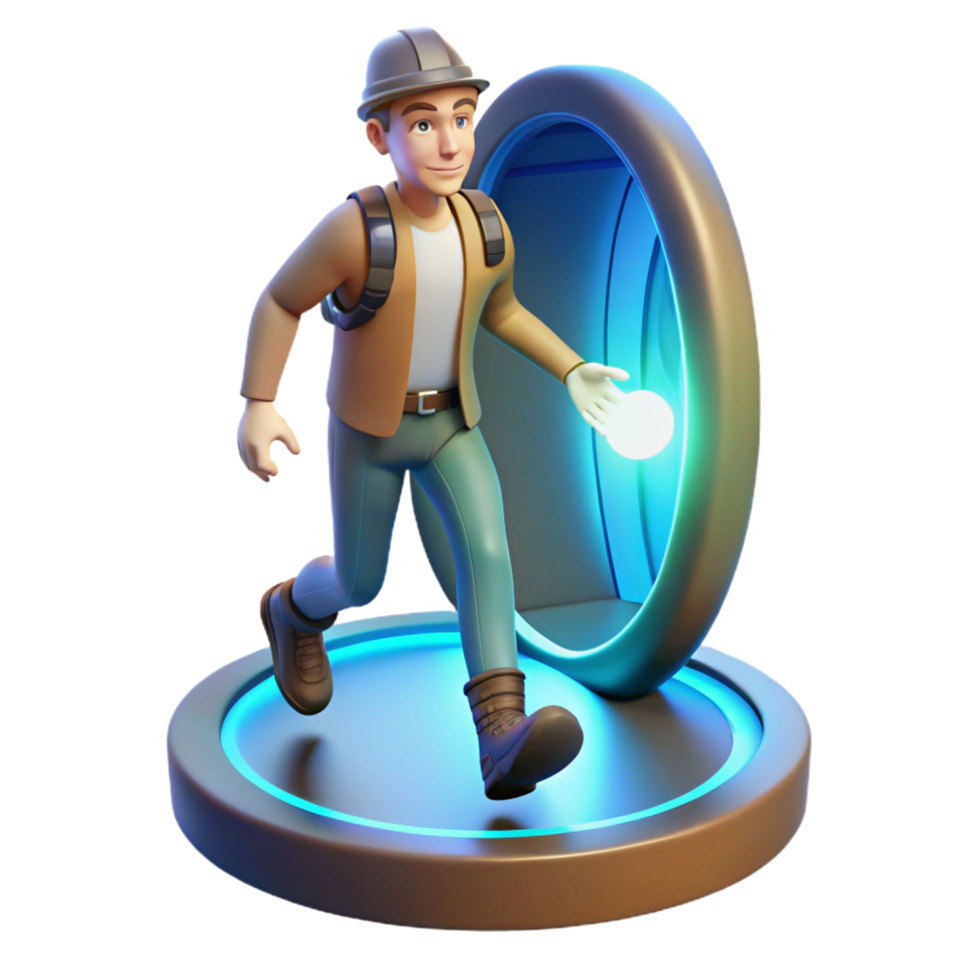 3D Illustration of Adventurer Running Through Futuristic Portal Digital Art png