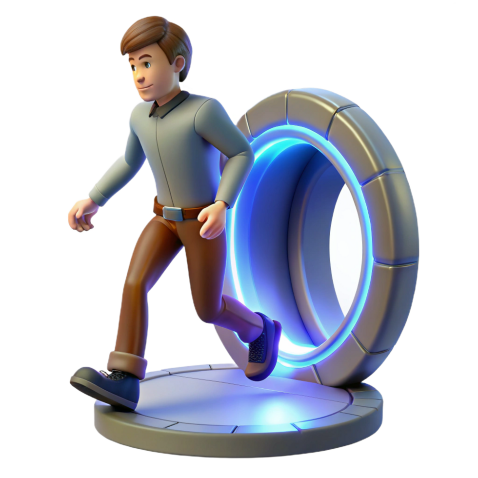 3D Illustration Time Travel Portal Futuristic Cartoon Man Running Through Neon Light Circular Gateway Animation png