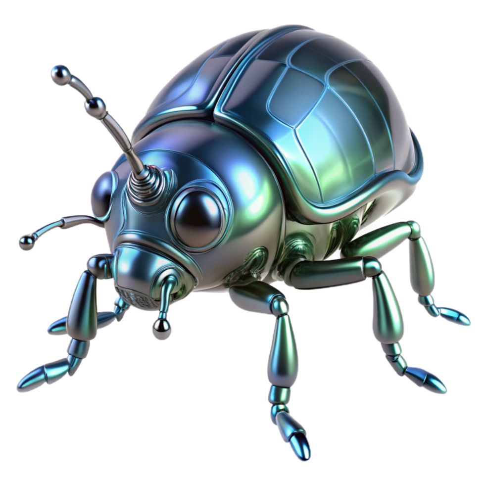 Cybernetic Beetle 3D Render Futuristic Insect Metallic Shell Detailed Mechanical Legs and Antennae Iridescent Color Scheme Digital Art Graphic Design png