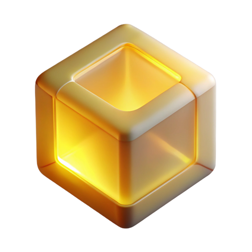 iluminado cúbico recipiente 3d render do brilhando ouro geométrico forma png