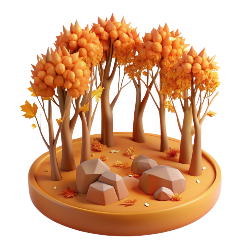 Autumnal 3D Render of a Miniature Forest Scene with Orange Trees and Rocks png