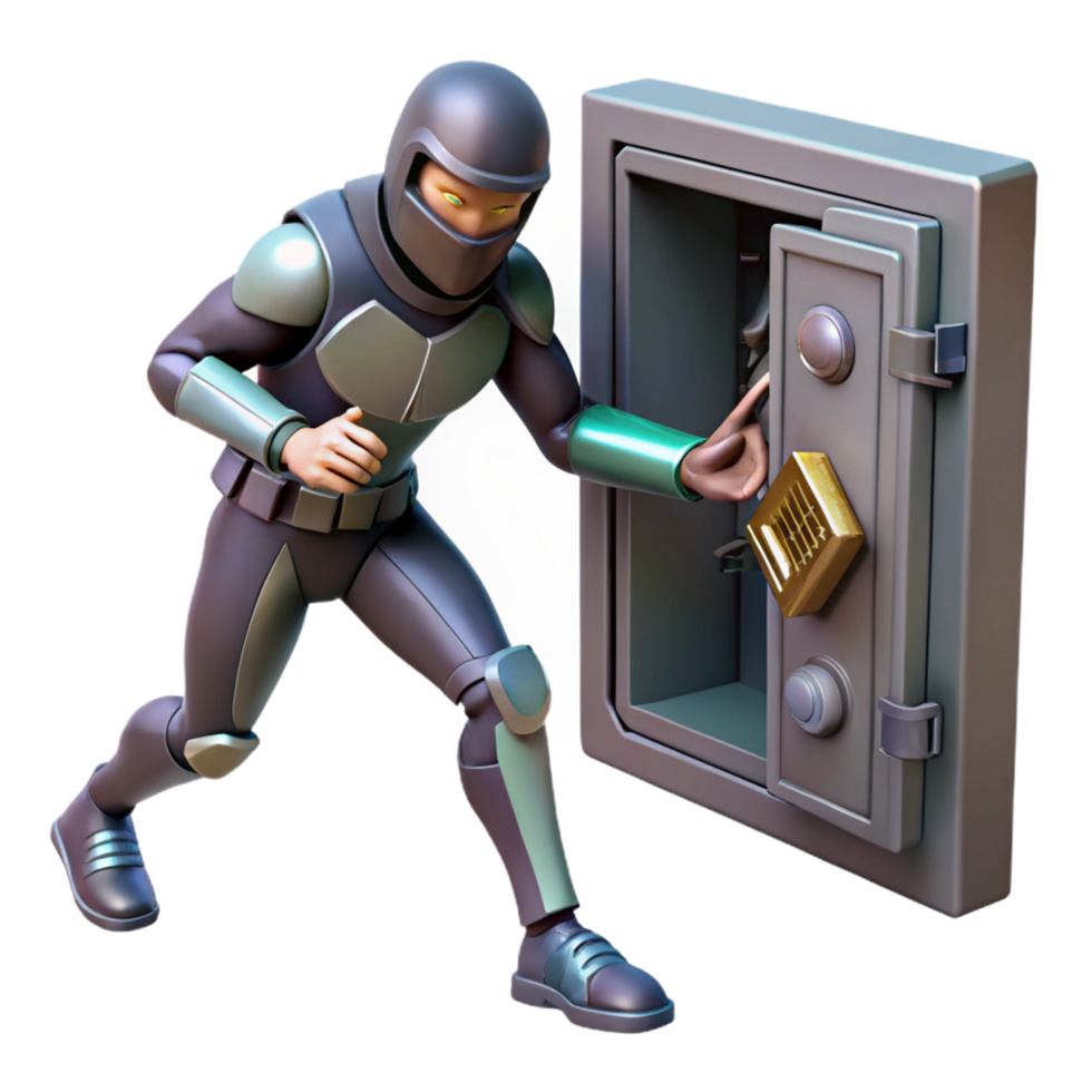 3D Illustration Futuristic Ninja Character Stealthily Accessing a Steel Safe, Cyberpunk Security Breach Concept png