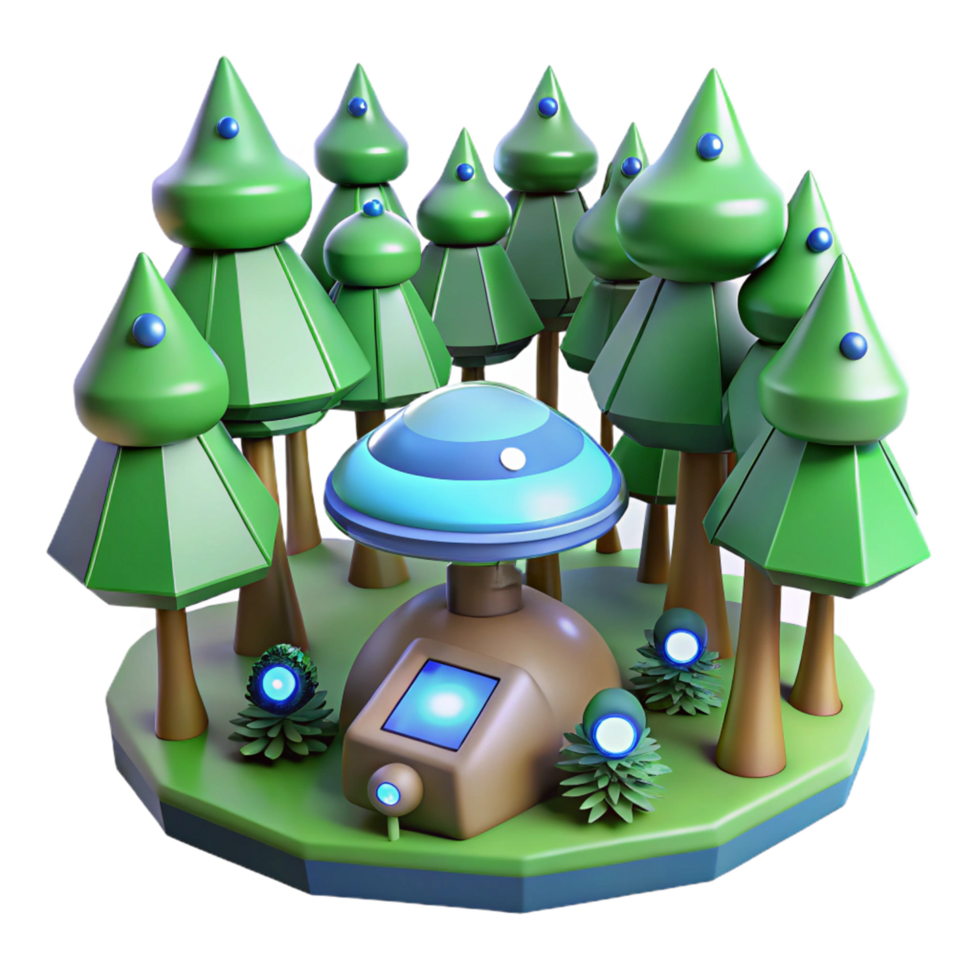 Stylized 3D Forest Scene with Futuristic Device png