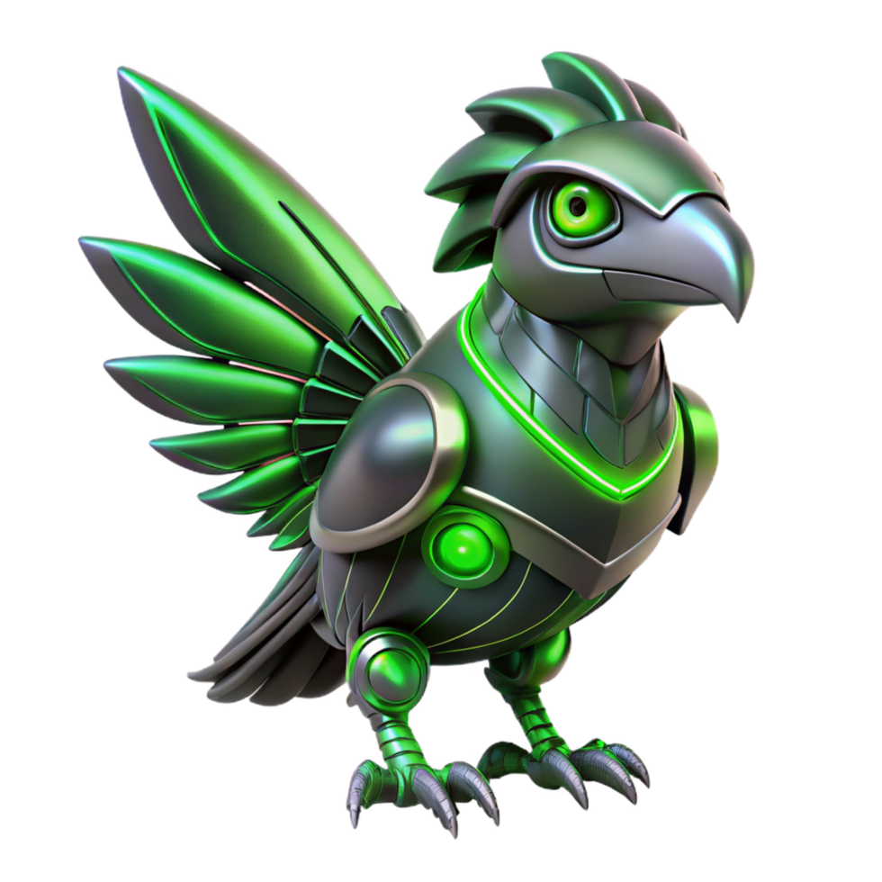 Cybernetic Avian 3D Render Futuristic Robot Bird Green Chrome Mechanical Wings png