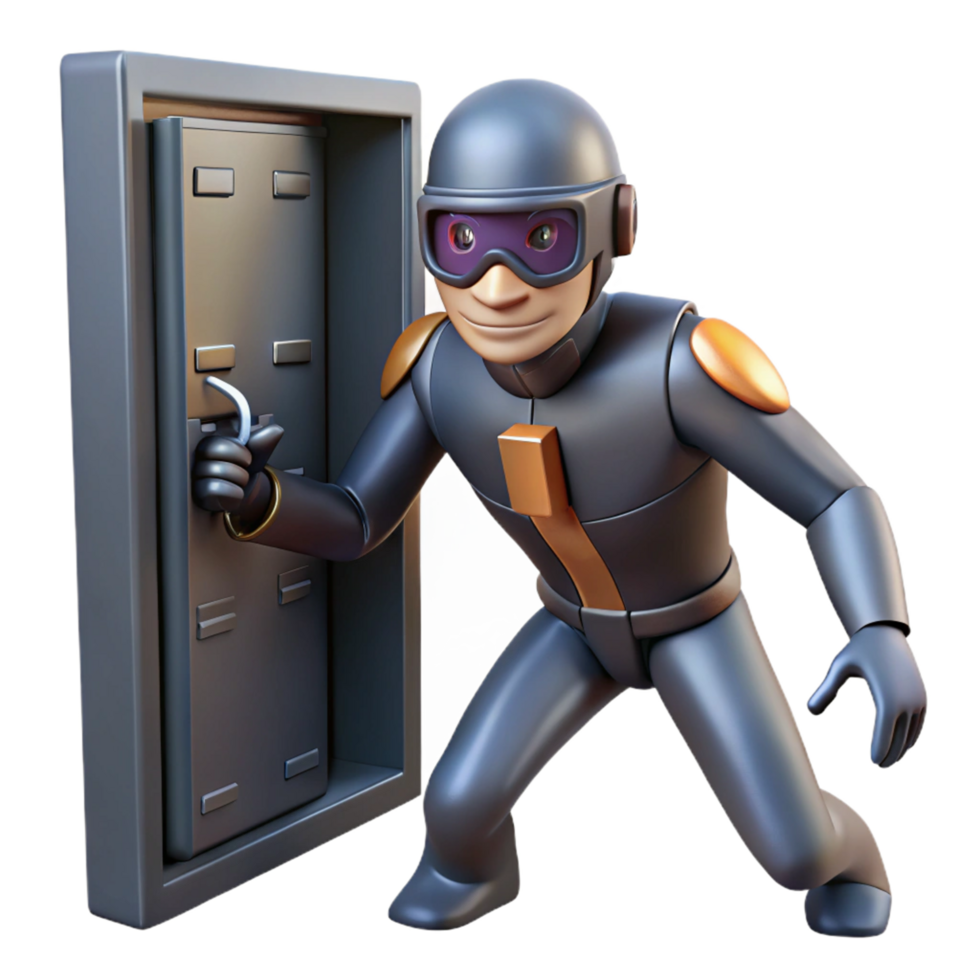3D Render of Cartoon Security Agent Opening a Vault Door png