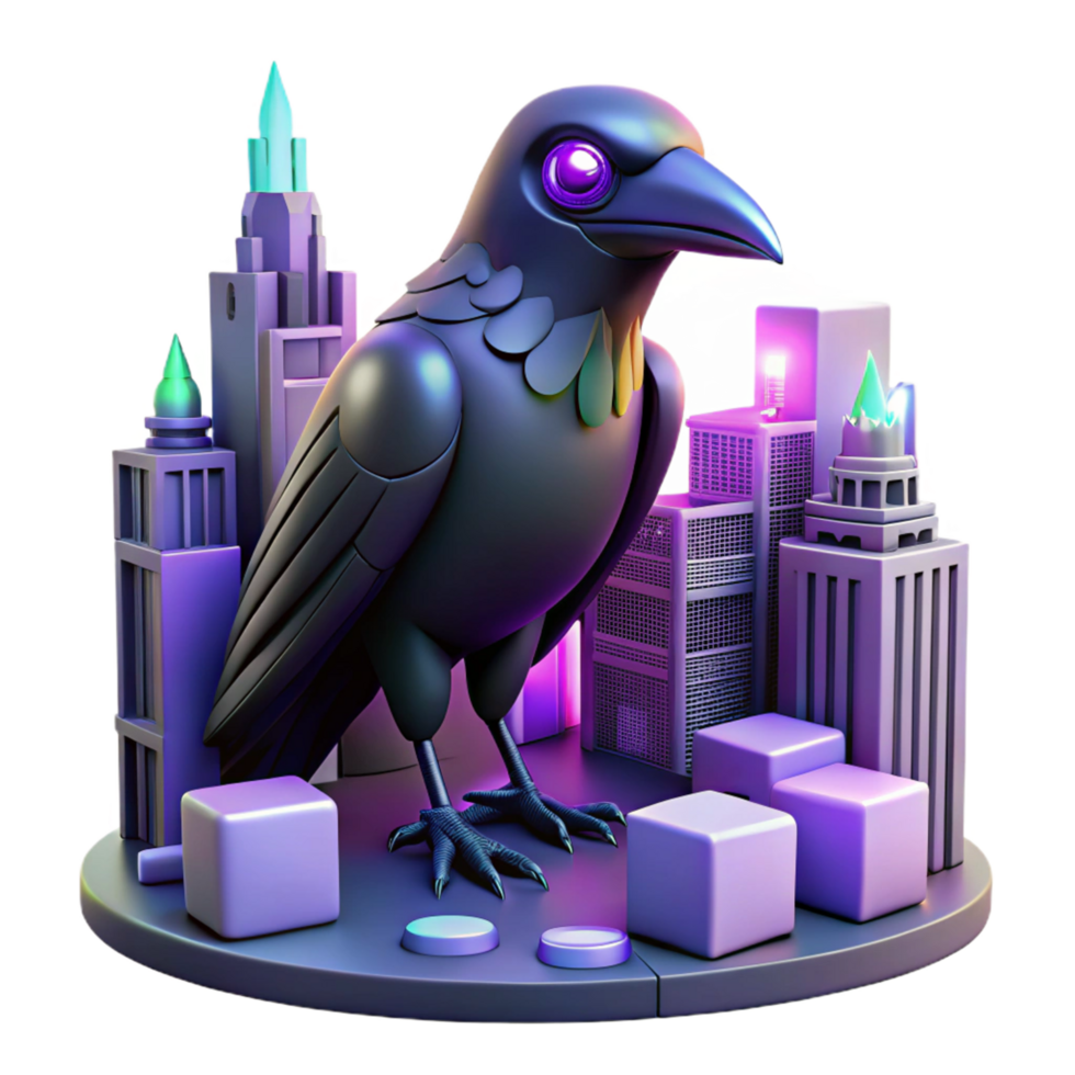 stunning classic Stylized 3D Render of a Raven Perched Amidst a Futuristic Cityscape Illustration 4K png
