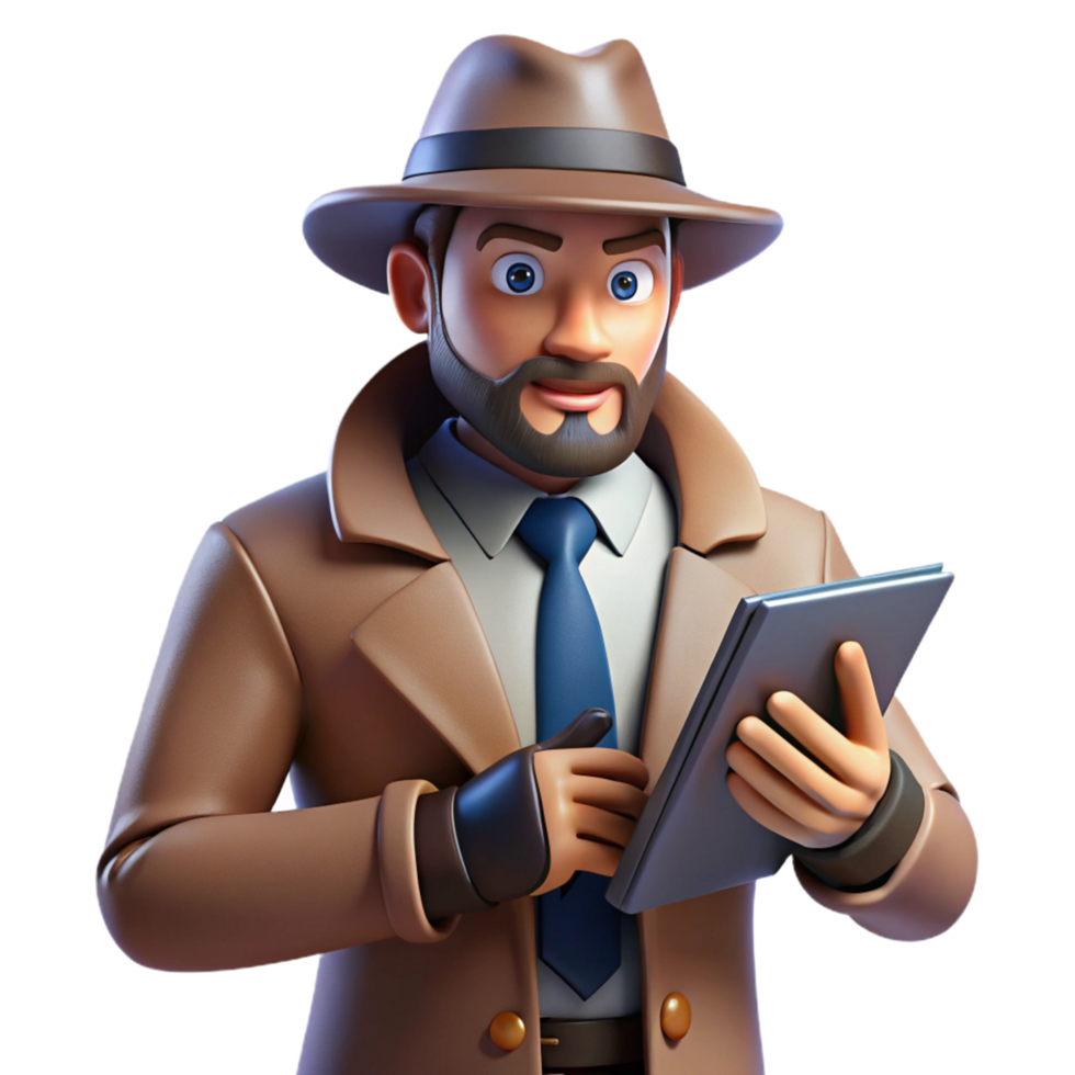 3D Cartoon Detective with Tablet png