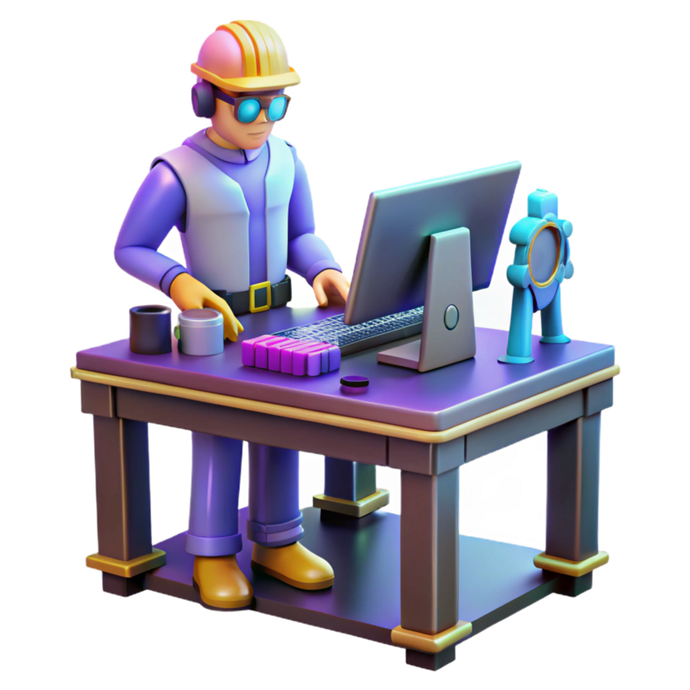 3D Illustration Worker at Desk Computer png