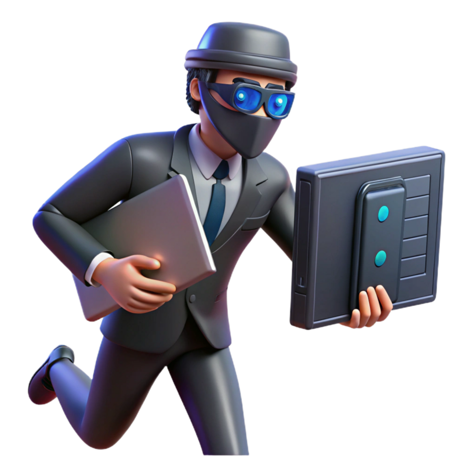 3D Illustration of a Stealthy Businessman Running with a Tablet and a Secure Server Case png