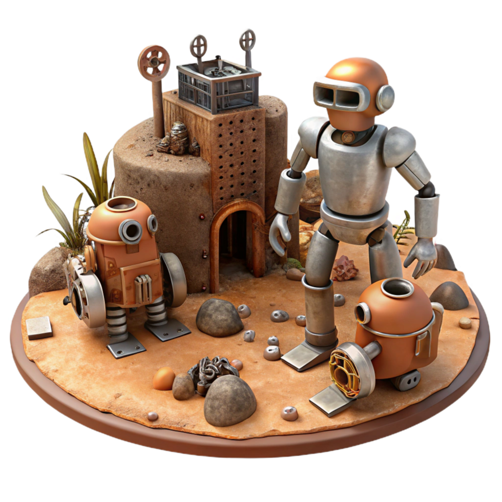 3D Render of Retro Robots on Desert Planet png